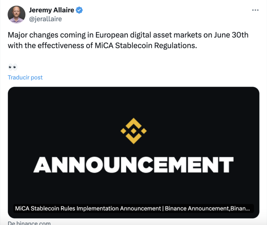 El CEO de Circle compartió la medida de Binance, pero no opinó. 